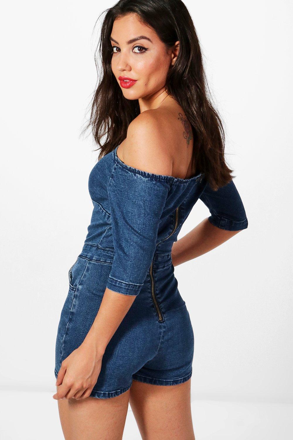 Off the shop shoulder denim romper